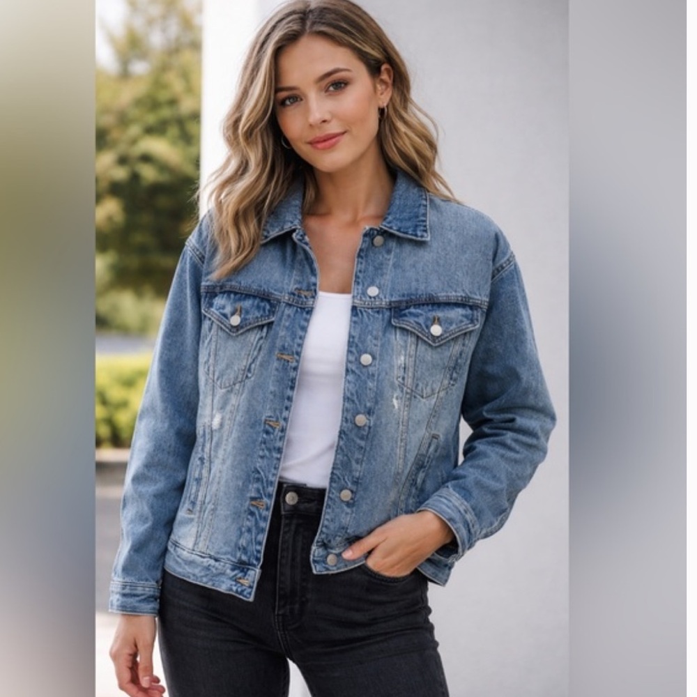 Wild Fable Distressed Denim Jacket, Women's Blue, Oversized